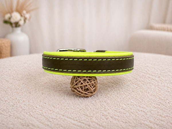 Fettleder Leder Halsband oliv/neongelb