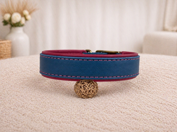 Fettleder Leder Halsband marine/fuchsia